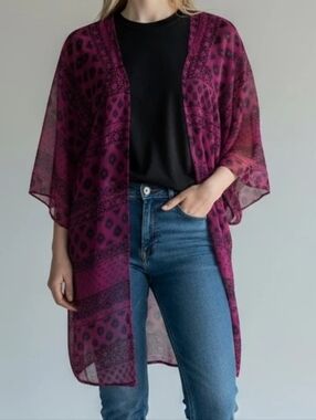 Express Magenta Sheer Kimono Cardigan with Black Print